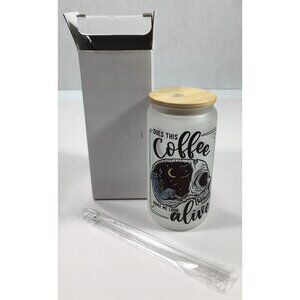 Glass Tumbler With Bamboo Lid & Straw Does This Coffee Make Me Look Alive 16 oz